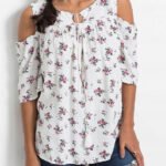 WHITE Floral Print Tie Neck Cold Shoulder Top Size 16 - 26