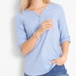 SKY-BLUE Cotton Rich Roll Sleeve Henley Top Size 10 - 28