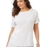 WHITE Pure Cotton Textured Turn Up Sleeve Top Size 20 - 34