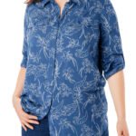 BLUE Sketch Floral Utility Button Down Shirtail Hem Shirt Size 20 - 26