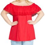 RED Pure Cotton Broderie Anglaise Bardot Frill Top Size 18 - 24
