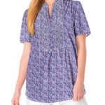 BLUE Pintucked Notched Y-Neck Half-Button Cotton Tunic Size 16 - 34