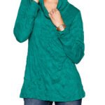 TEAL-GREEN Long Sleeve Cowl Neck Pleat Placket Crinkle Effect Tunic Size 10 - 28
