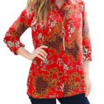 RED Oriental Floral Sheer Button Through Shirt Size 14 - 38