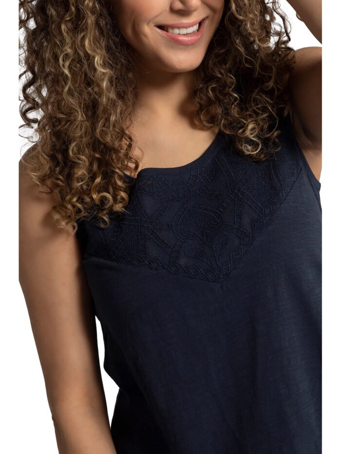 ULLAP NAVY Lace Inset Round Neck Cotton Knit Tank Size 16 - 30 - Image 1
