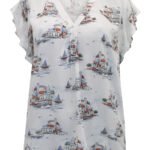 WHITE Scenic Print Frill Sleeve Top Size 20 Only