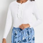 WHITE Pure Cotton Ruffle Detail Button Front Long Sleeve Top Size 10 - 20
