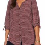 WINE Tile Print Georgette Button Front Tie Sleeve Cafe Blouse Size 16 - 40