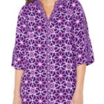 PURPLE Deep Grape Floral Geo Jeweled Neck Twin Print Tunic Size 16 -34