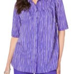 PURPLE Striped Shirred Button-Front Swing Top Size 16 -22