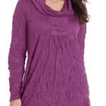 PURPLE Long Sleeve Cowl Neck Pleat Placket Crinkle Effect Tunic Size 16 - 32