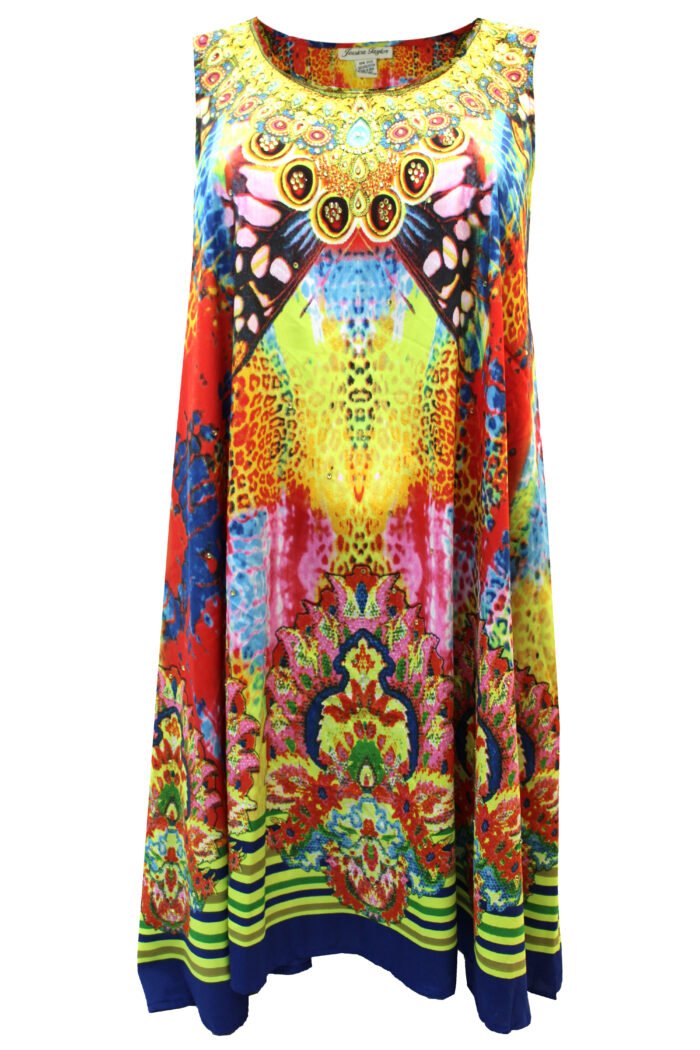 YELLOW Sleeveless Printed Rhinestone Embellished Beach Dress Size 18 - 26 - Image 2