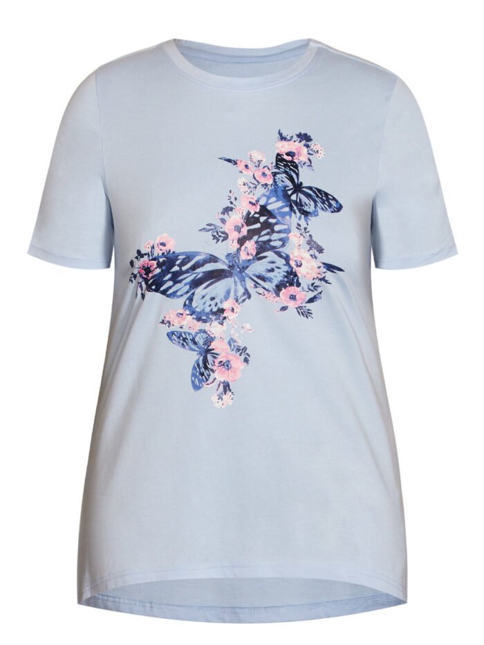 SKY-BLUE Pure Cotton Butterfly Print T-Shirt Size 16 - 32 - Image 1
