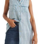 SKY-BLUE Sleeveless Striped Pocket Blouse Size 14 - 24