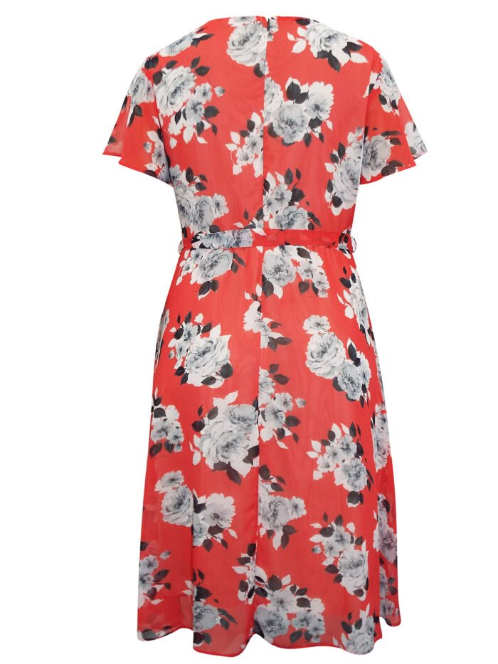 RED Floral Print Tie Belt Chiffon Georgette Dress Size 24 - 32 - Image 2