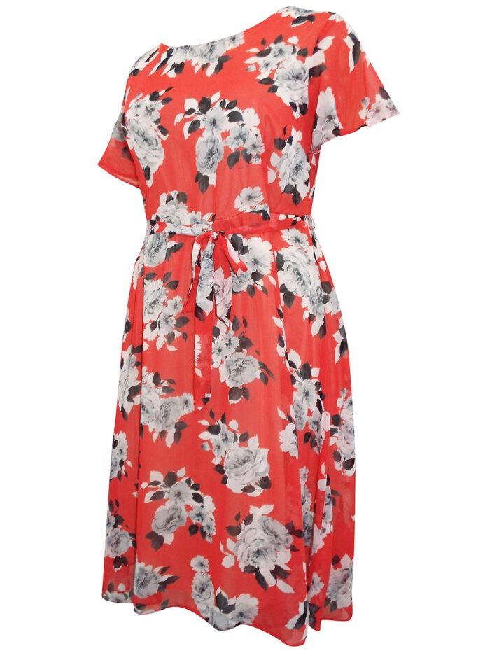 RED Floral Print Tie Belt Chiffon Georgette Dress Size 24 - 32 - Image 4