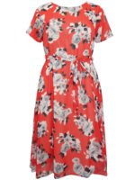 RED Floral Print Tie Belt Chiffon Georgette Dress Size 24 - 32