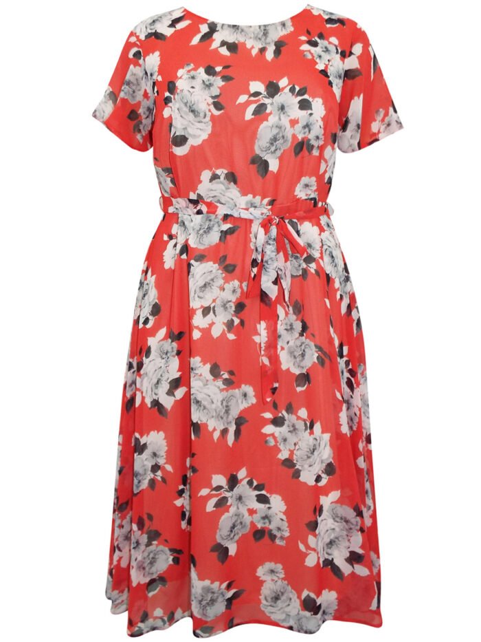 RED Floral Print Tie Belt Chiffon Georgette Dress Size 24 - 32 - Image 1