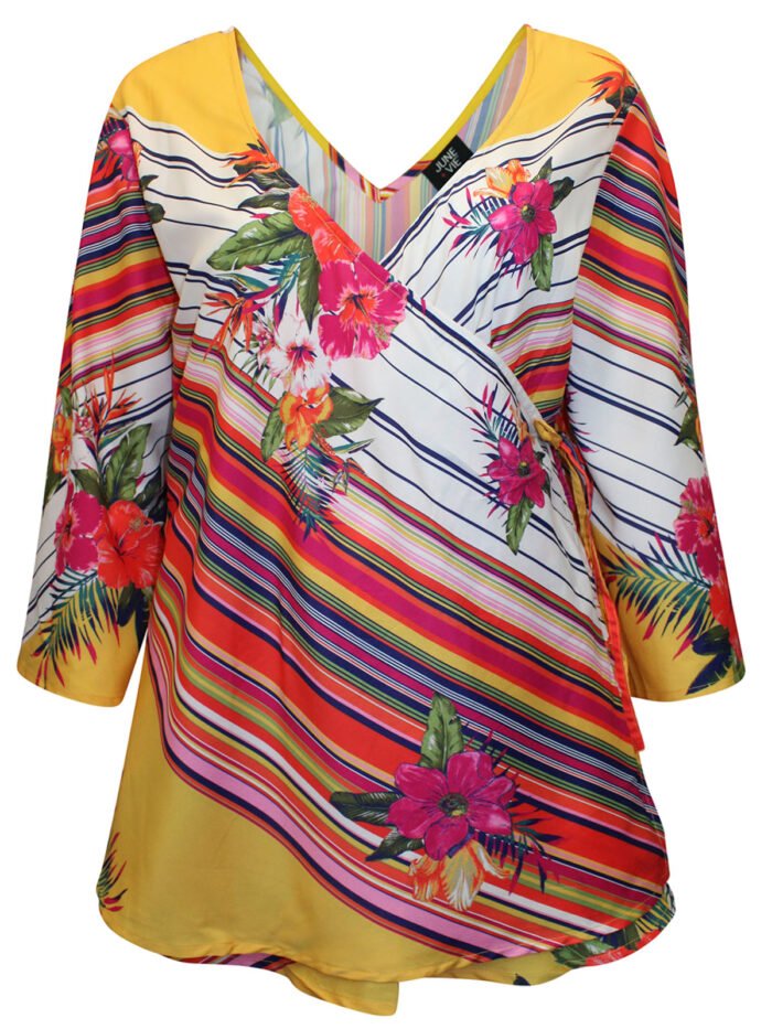 MULTI Tropical Stripe Mock Wrap Kimono Top Size 14 -34 - Image 2
