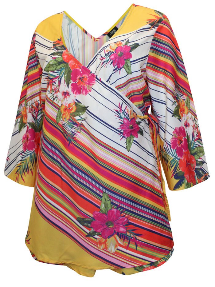 MULTI Tropical Stripe Mock Wrap Kimono Top Size 14 -34 - Image 7