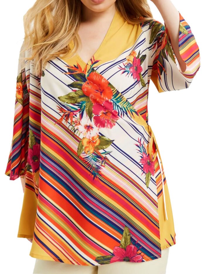 MULTI Tropical Stripe Mock Wrap Kimono Top Size 14 -34 - Image 5