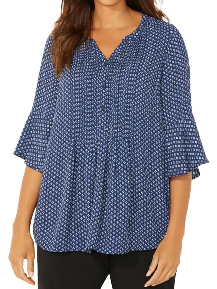 NAVY Geo Print Half Button Pleated Blouse Size 20 - 40 - Image 1