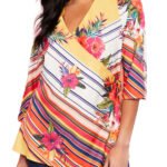 MULTI Tropical Stripe Mock Wrap Kimono Top Size 14 -34