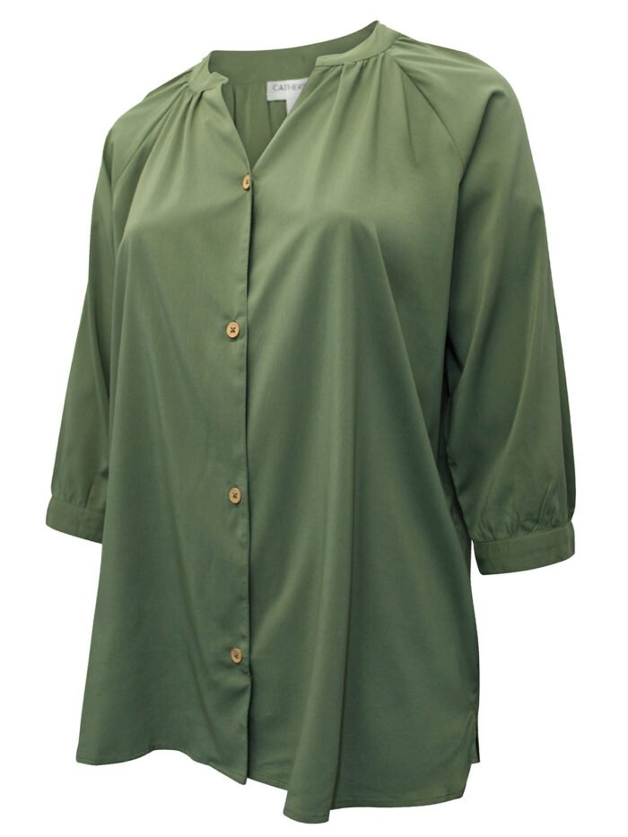 OLIVE GREEN Bracelet Sleeve Light & Airy Y-Neck Blouse Size 16 - 40 - Image 3