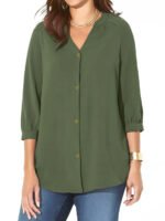 OLIVE GREEN Bracelet Sleeve Light & Airy Y-Neck Blouse Size 16 - 40