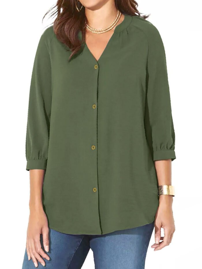 OLIVE GREEN Bracelet Sleeve Light & Airy Y-Neck Blouse Size 16 - 40 - Image 1