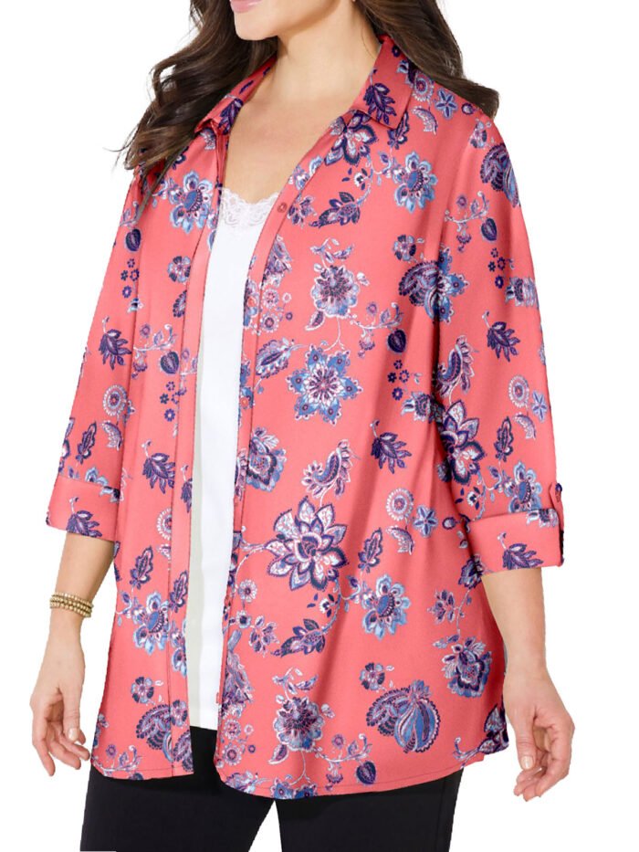 PINK Floral Print 3Q Sleeve Opaque Crepe Timeless Blouse Size 20 - 30 - Image 1