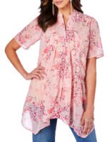 PINK Blooming Rose Faux Pearl Button Hanky Georgette Blouse Size 14 - 34