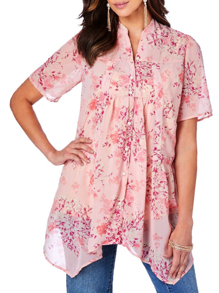 PINK Blooming Rose Faux Pearl Button Hanky Georgette Blouse Size 14 - 34 - Image 1