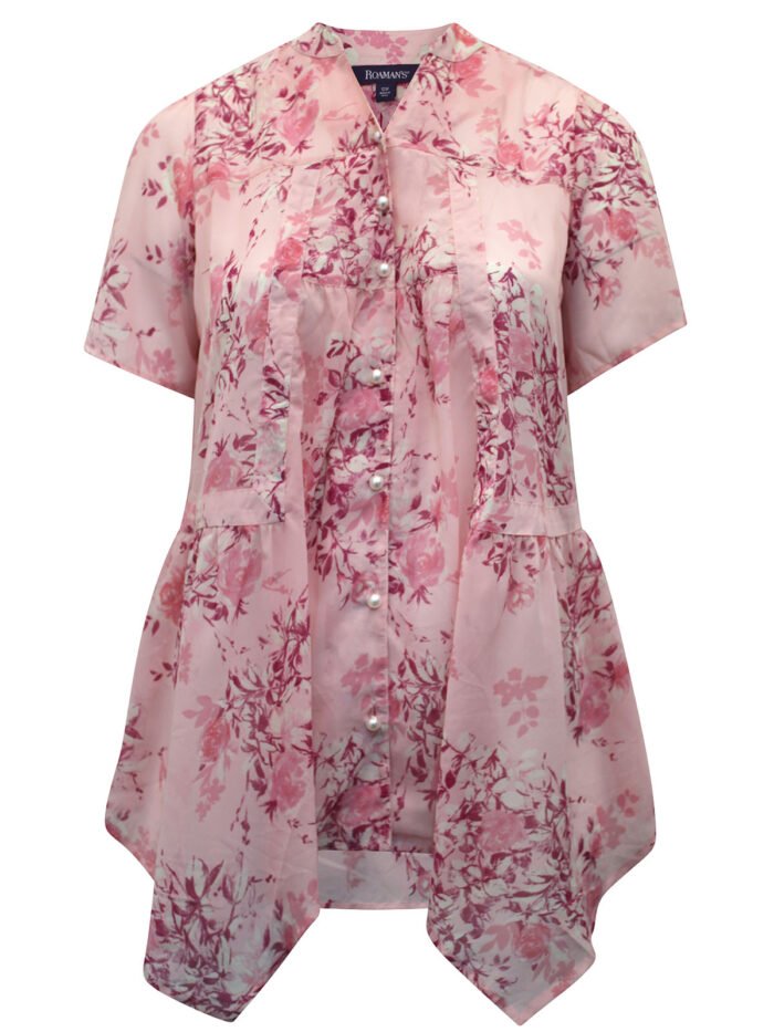 PINK Blooming Rose Faux Pearl Button Hanky Georgette Blouse Size 14 - 34 - Image 3