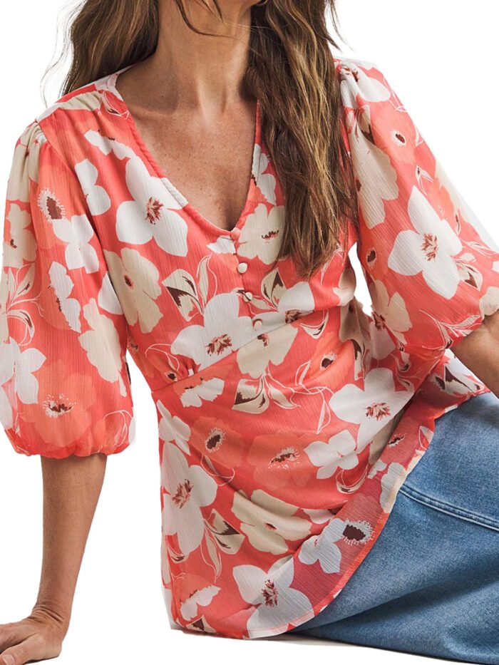 PINK Floral Print Exposed Back Tea Blouse Size 10 -26 - Image 1
