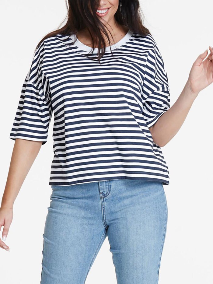 NAVY Pure Cotton Striped Cropped Top Size 12 - 34 - Image 1
