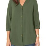 OLIVE GREEN Bracelet Sleeve Light & Airy Y-Neck Blouse Size 16 -36