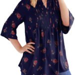 NAVY Rose Print Pintuck 3Q Sleeve Top Size 16 - 38