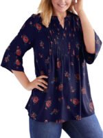 NAVY Rose Print Pintuck 3Q Sleeve Top Size 16 - 38
