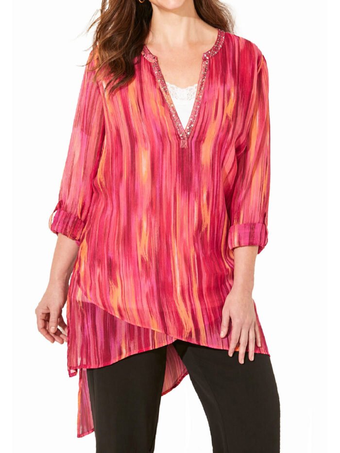 PINK Burst Ikat Texture Beaded Beauty Asymmetrical Tunic Size 16 - 40 - Image 1