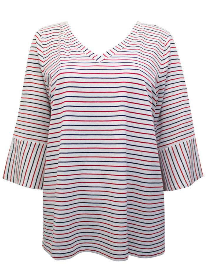 WHITE Pure Cotton Striped Trumpet Sleeve Top Size 10 - 18 - Image 1