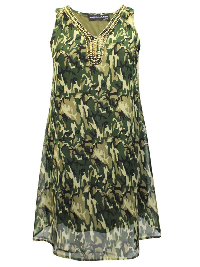 KHAKI Camo Print Embellished Sleeveless Dress Size 12-22 - Image 1