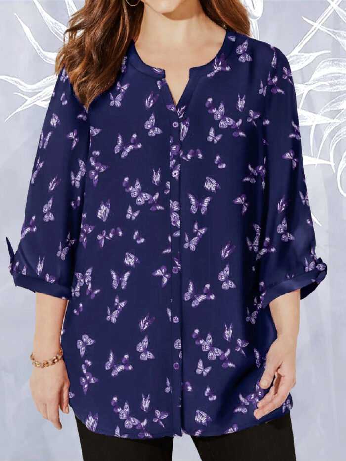 NAVY Butterflies Georgette Button Front Tie Sleeve Cafe Blouse Size 20 - 40 - Image 1
