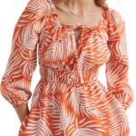 ORANGE Linen Blend Print Square Neck Top Size 10 - 22