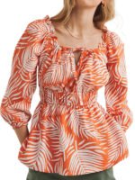 ORANGE Linen Blend Print Square Neck Top Size 10 - 22
