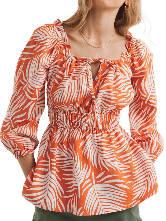 ORANGE Linen Blend Print Square Neck Top Size 10 - 22 - Image 1