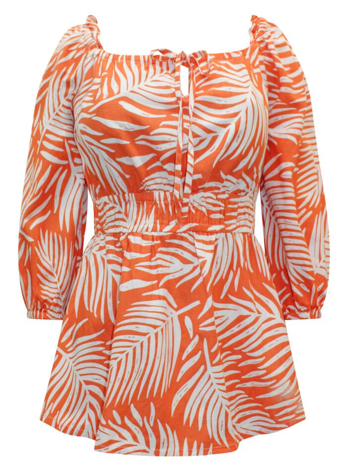ORANGE Linen Blend Print Square Neck Top Size 10 - 22 - Image 4