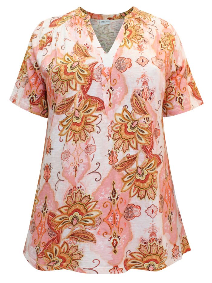 PEACH Pure Cotton Printed Notch Neck Top Size 16 - 28 - Image 1