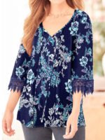 NAVY Floral Paisley Crochet Trim Peasant Blouse Size 16 - 18