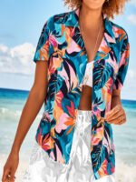 MULTI Tropical Leaf Button Front Beach Shirt Size 16 - 26